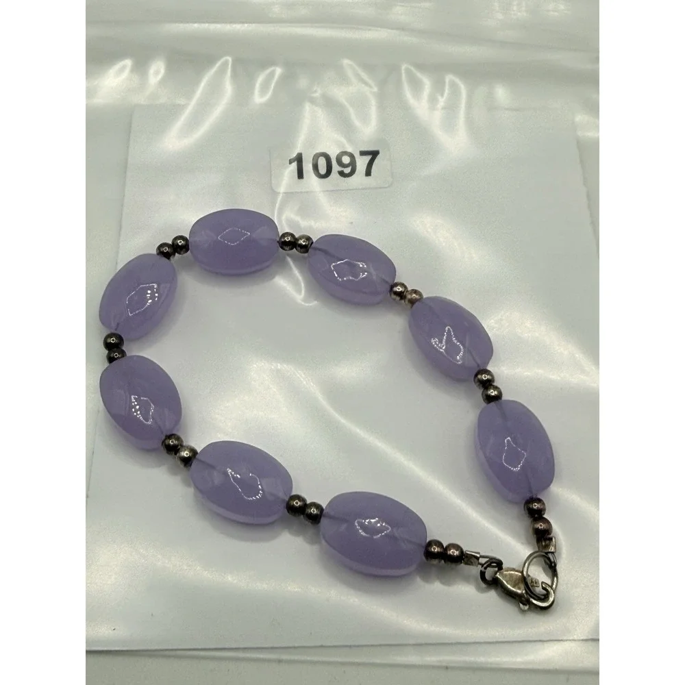 Vintage Sterling Silver Lavender Glass Bead Bracelet 6.25